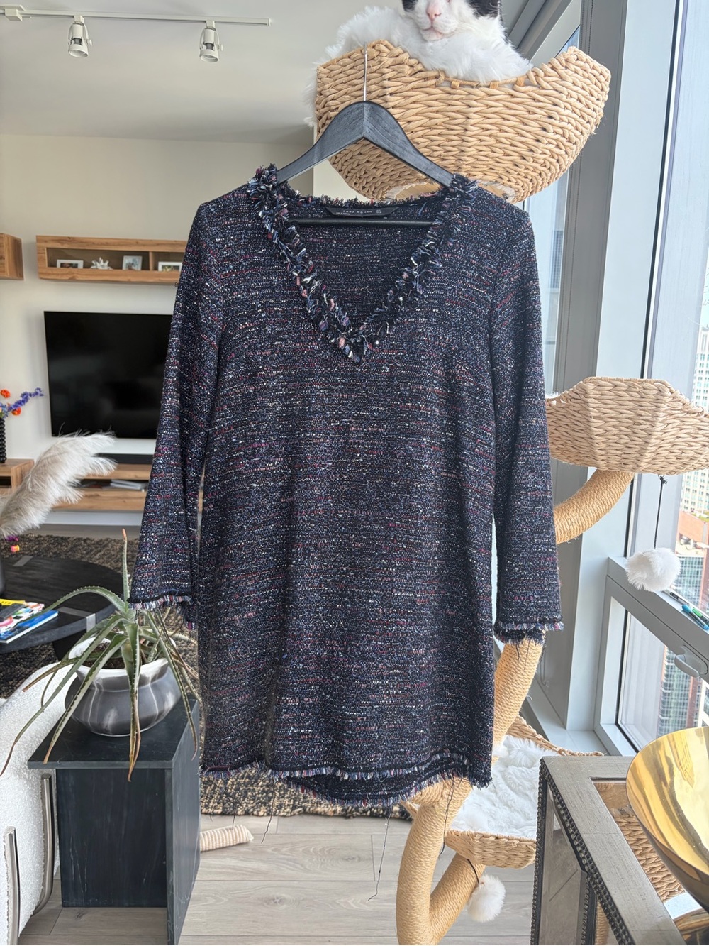 Zara Black Tweed V-Neck Dress with Multicolor Fleck